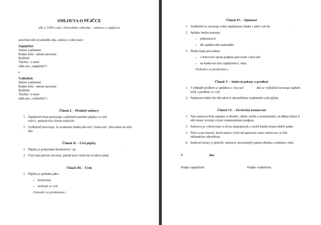 Vzor smlouvy o půjčce si lze stáhnout ve verzi Word či PDF.