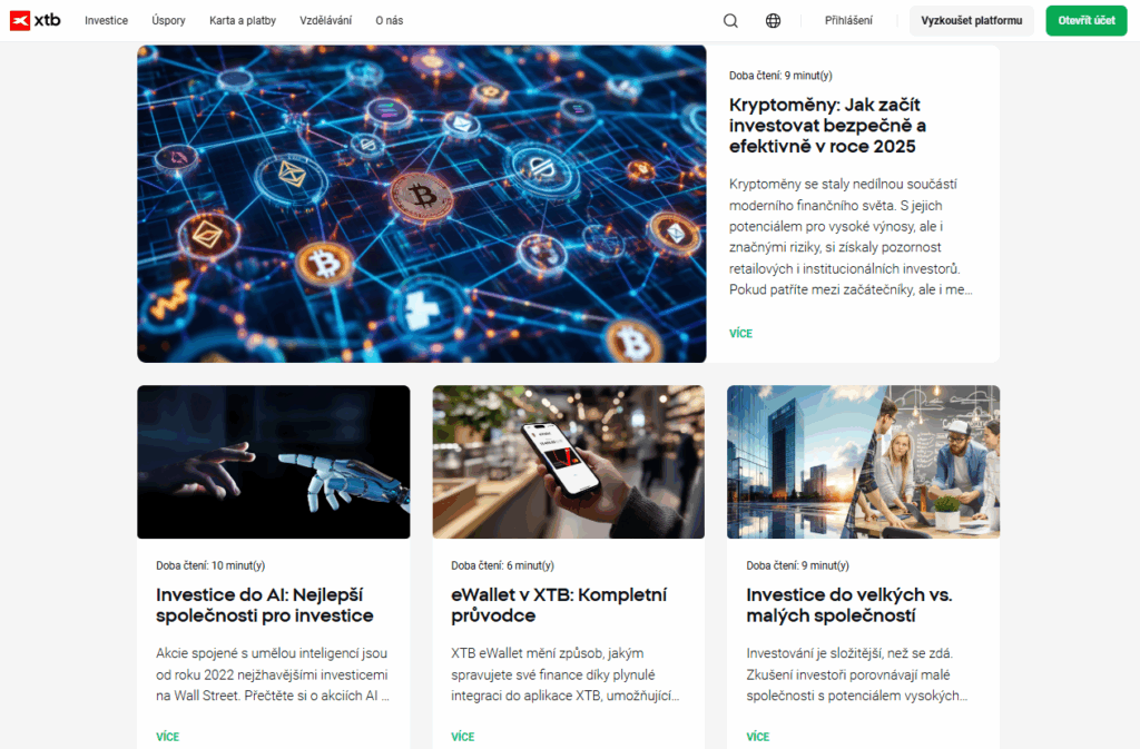 XTB kromě investování nabízí i možnost dalšího vzdělávání formou videí či kurzů.