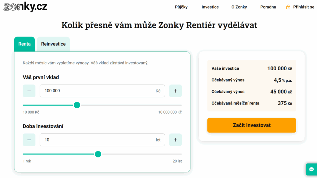 Se Zonky Rentiér lze investovat již od 200 Kč měsíčně, první vklad však činí min.10 000 Kč.