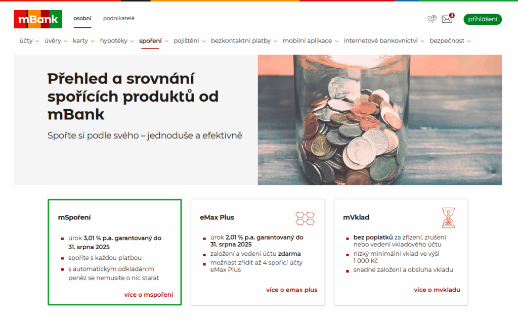mBank nabízí dva typy spořicích účtů a jeden termínovaný vklad.