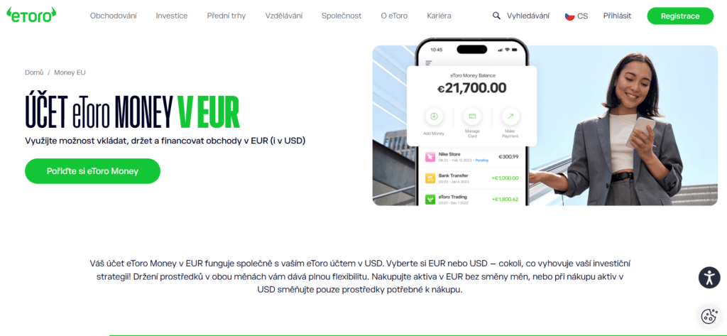 eToro Money umožňuje spravovat prostředky, provádět převody a pracovat s kryptoměnami.